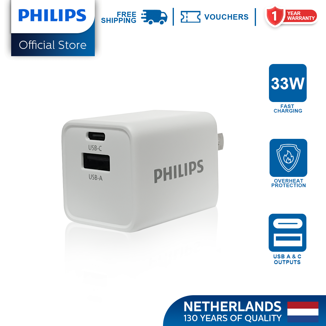 Philips 33W Compact Dual-Port Black Charger White with Foldable Pins