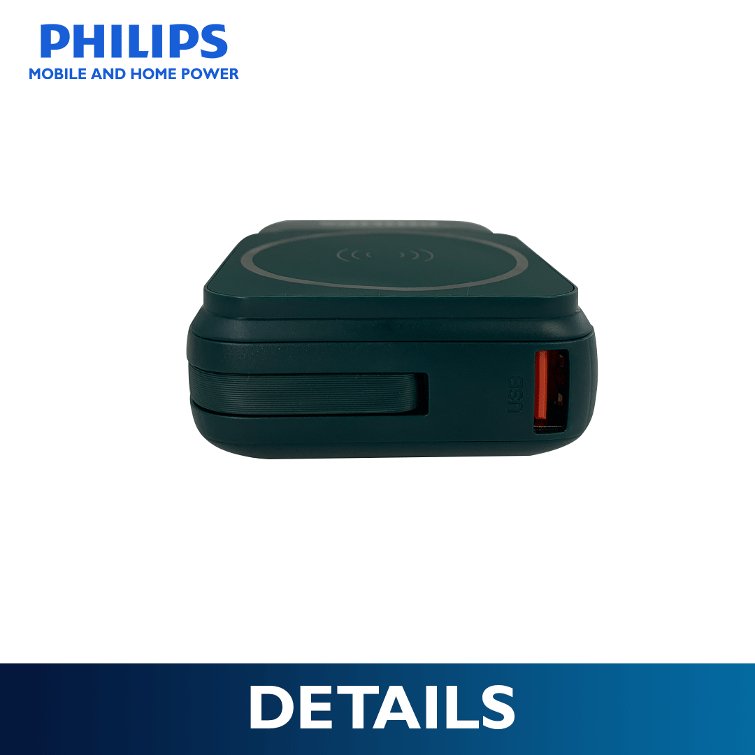 Philips 10,000mAh Magnetic Wireless Power Bank 22.5W with Built-in USB-C & Lightning Cables - Crystal Teal