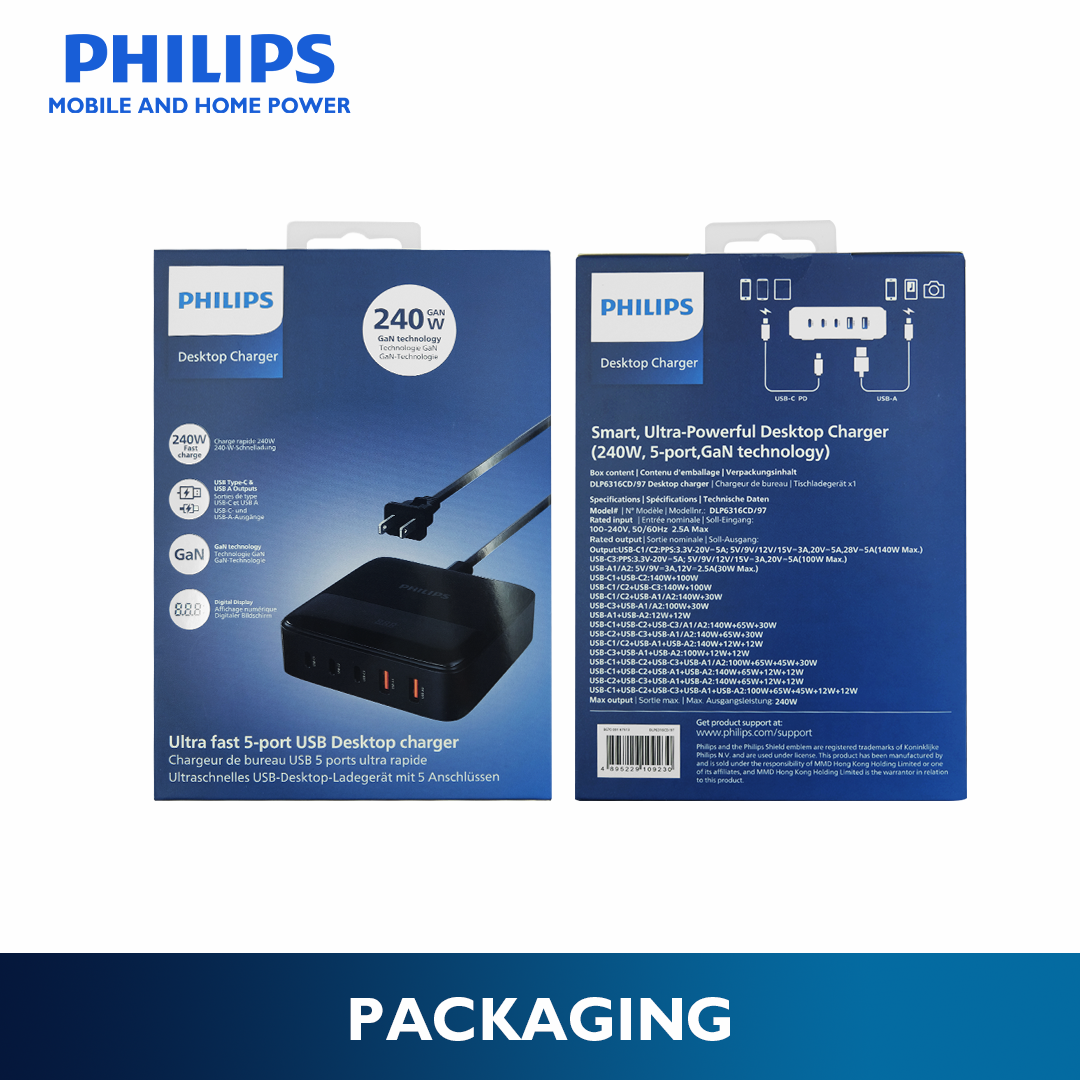 Philips Ultra Fast 240W 5-Port GaN USB Desktop Charger with Digital Display 3 USB-C and 2 USB-A port
