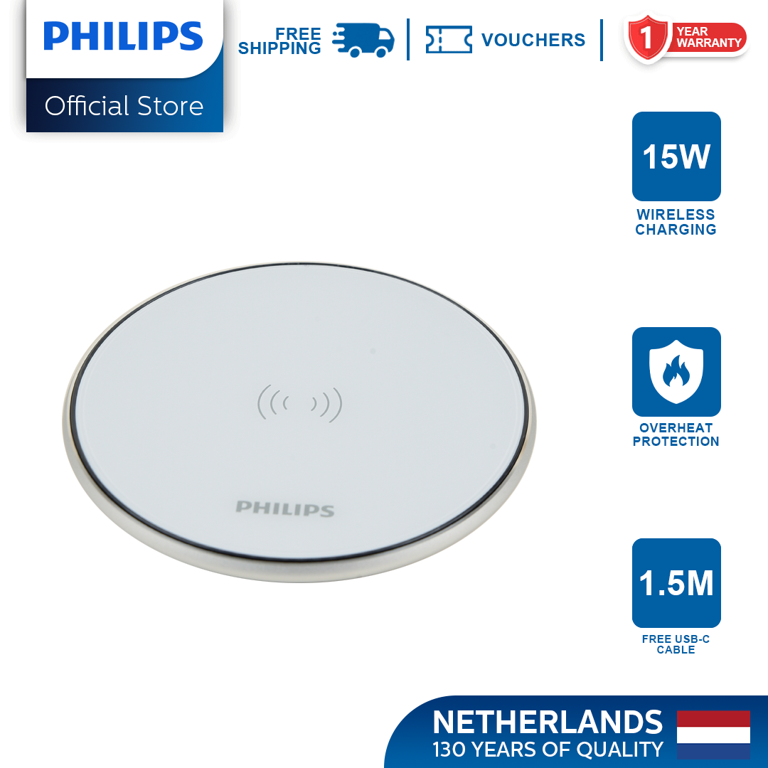 Philips 15W Fast Charging Wireless White Charger Disc with 1.5M USB-C Cable