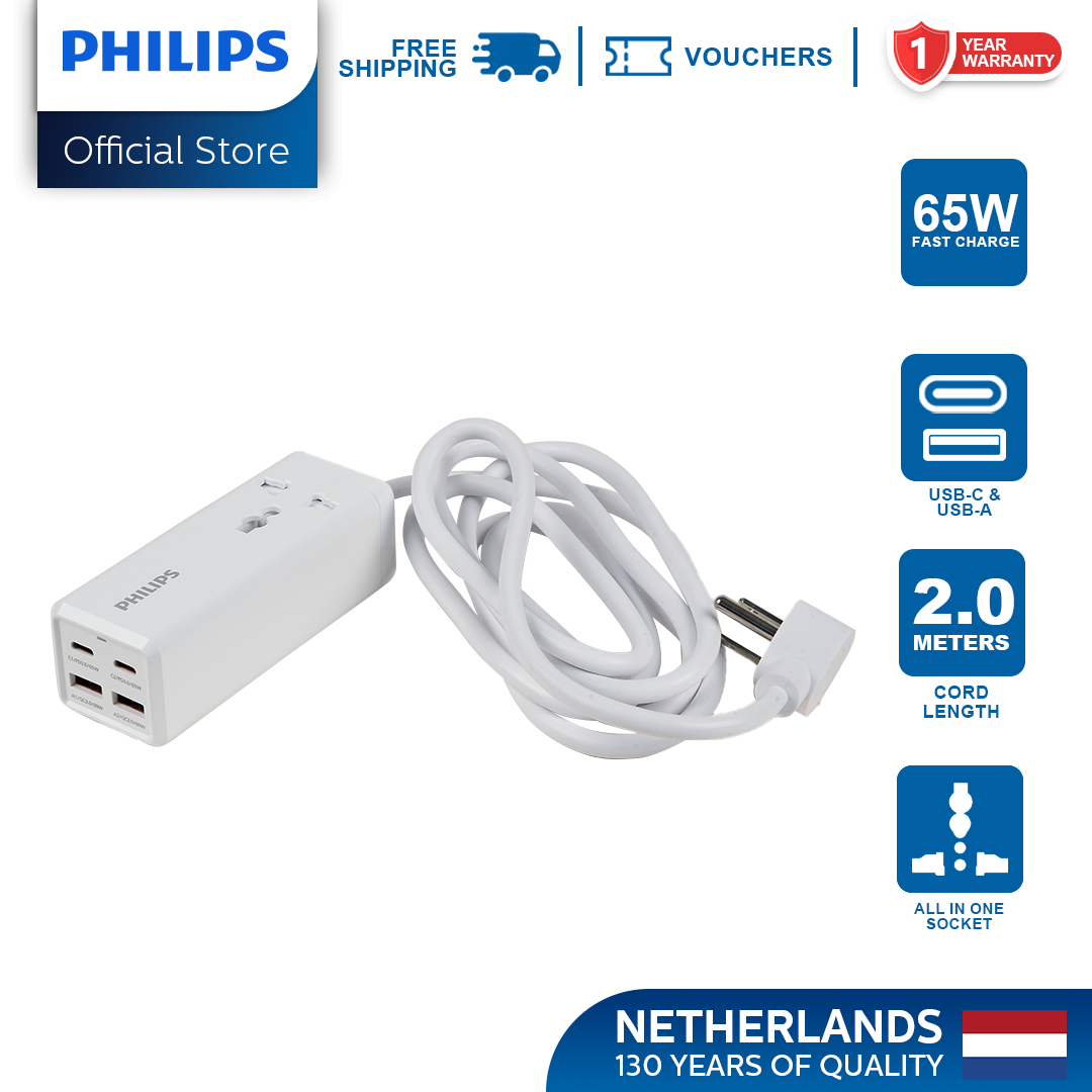 Philips PD 65W 2Meter with 2 Charger Type C USB-C and 2USB-A Universal Heavy Duty Extension Power Strips Socket