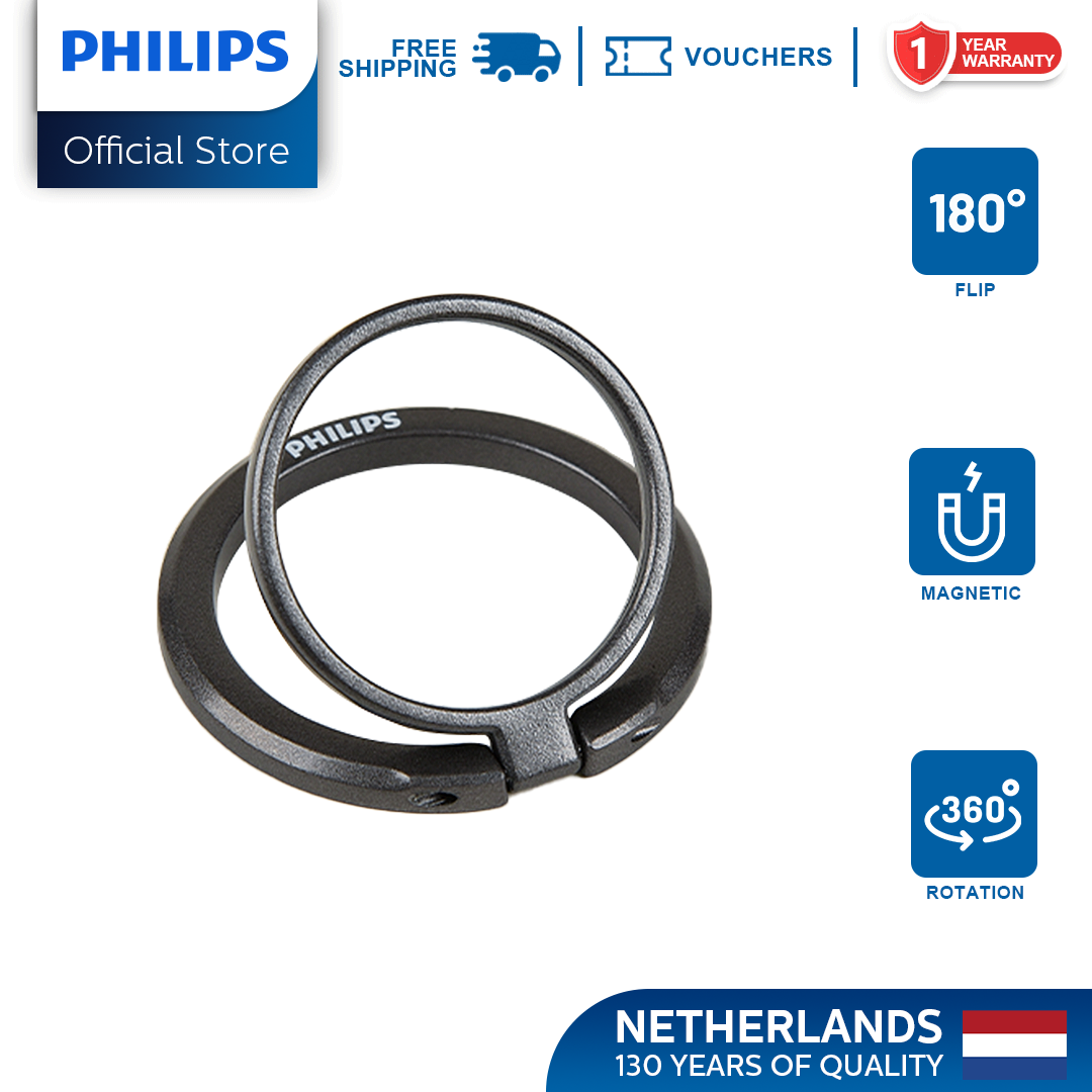 Philips Black 360°Rotation 180° Flip Metallic Magnetic Ring Stand Cellphone Holder with Additional Metal Magnetic Ring