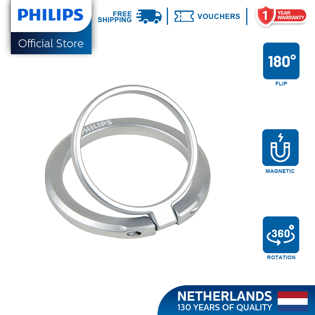 Philips White 360°Rotation 180° Flip Metallic Magnetic Ring Stand Cellphone Holder with Additional Metal Magnetic Ring