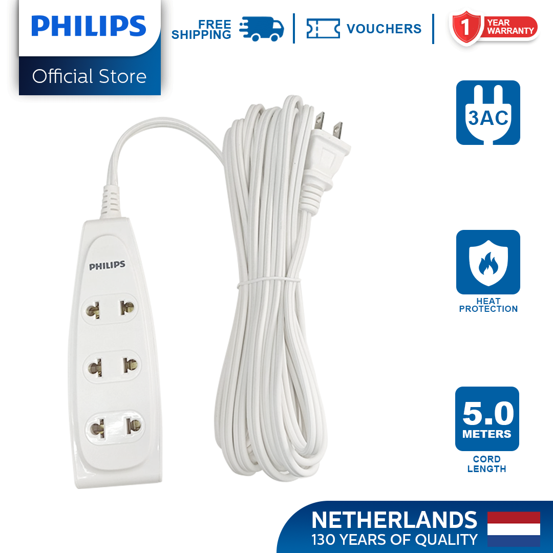 Philips 3-Way Extension Socket Non-Flammable Material 5 Meters Cord Power Multiplier