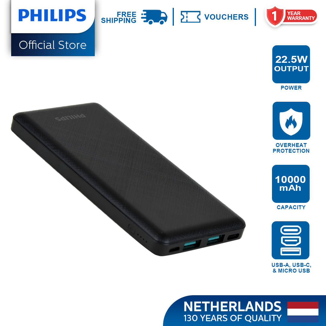 Philips Black 22.5W 10000mAh PD Fast Charger Powerbank USB-C USB-A Outputs