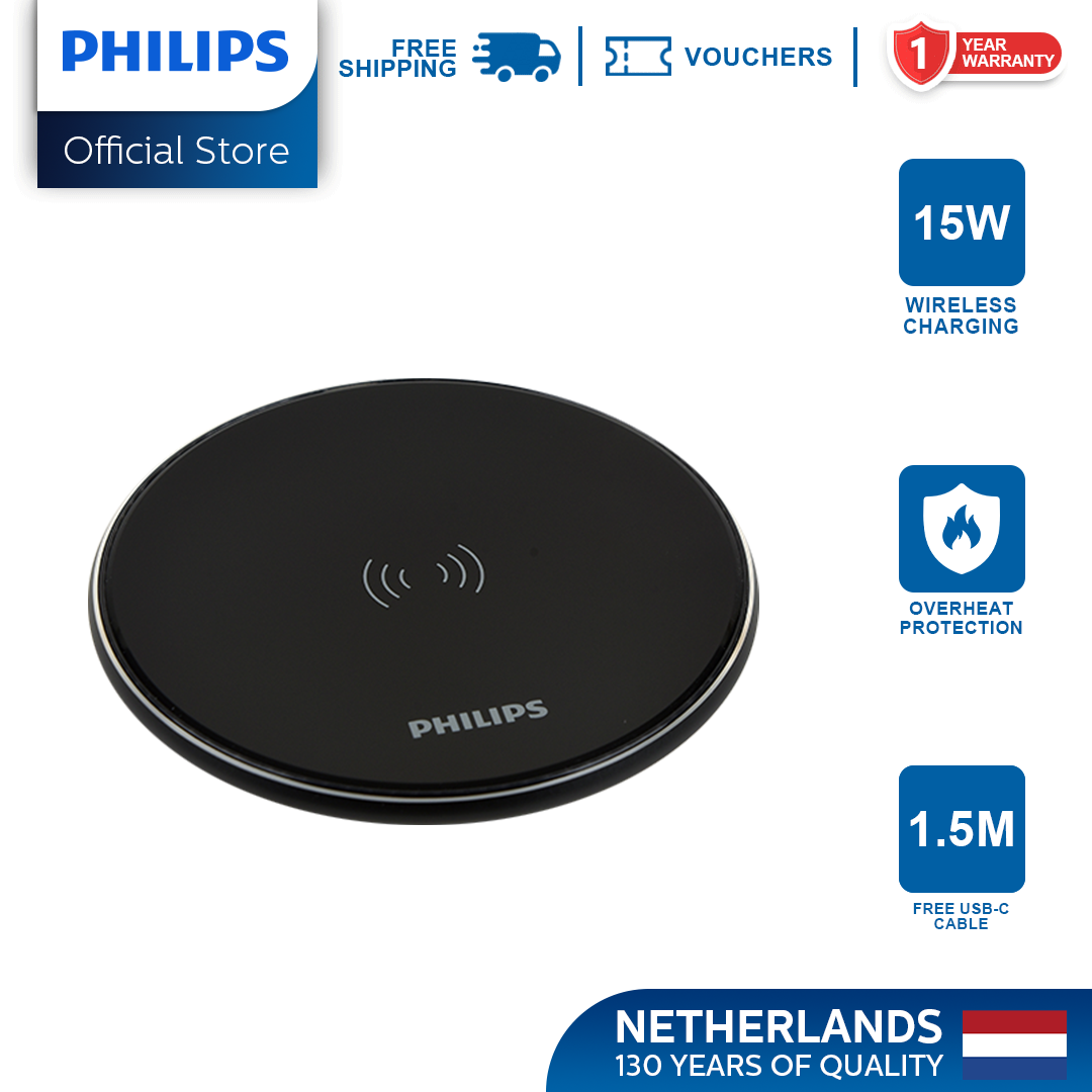 Philips 15W Fast Charging Wireless Black Charger Disc with 1.5M USB-C Cable