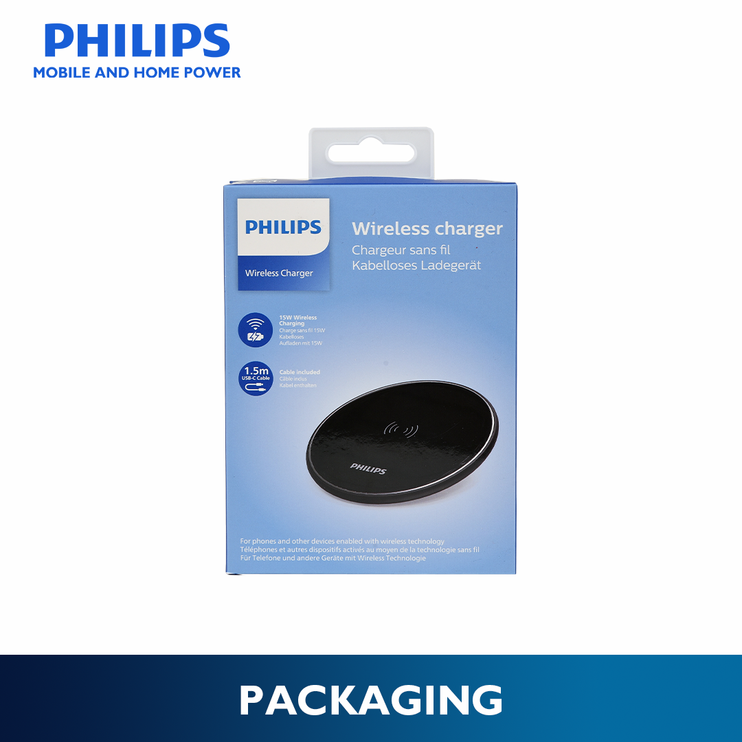 Philips 15W Fast Charging Wireless Black Charger Disc with 1.5M USB-C Cable