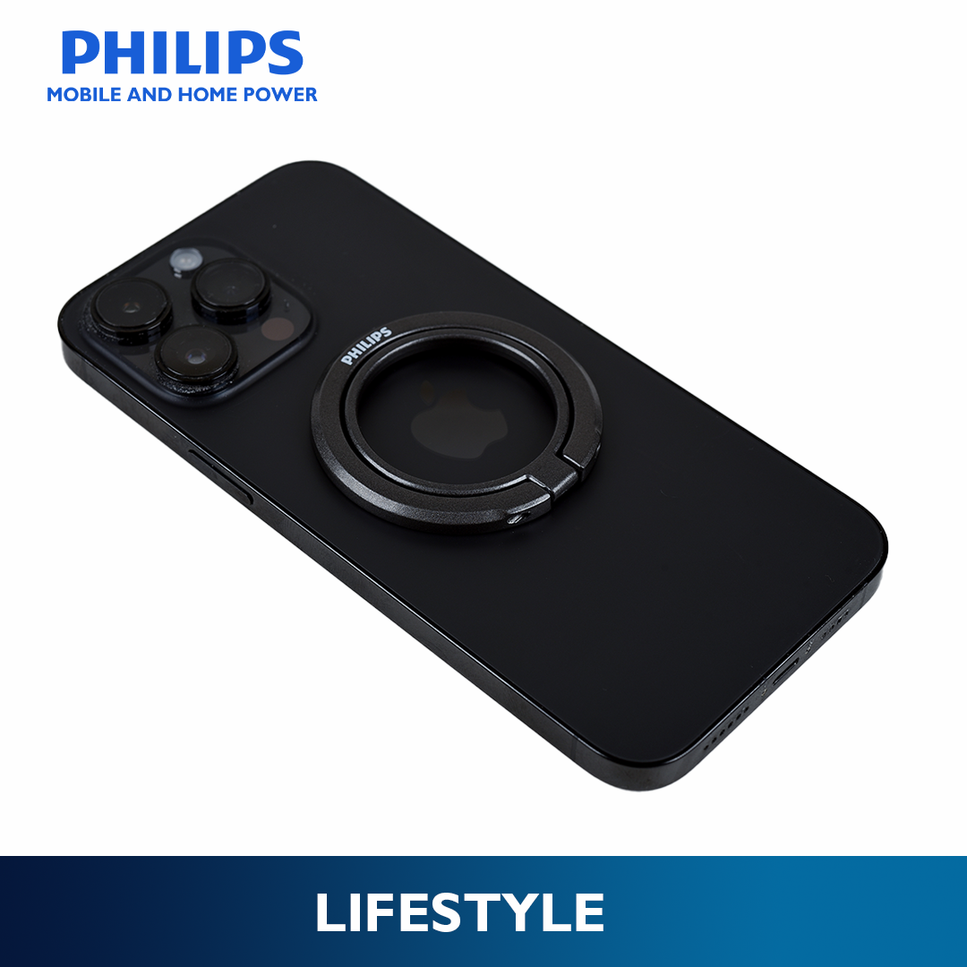 Philips Black 360°Rotation 180° Flip Metallic Magnetic Ring Stand Cellphone Holder with Additional Metal Magnetic Ring