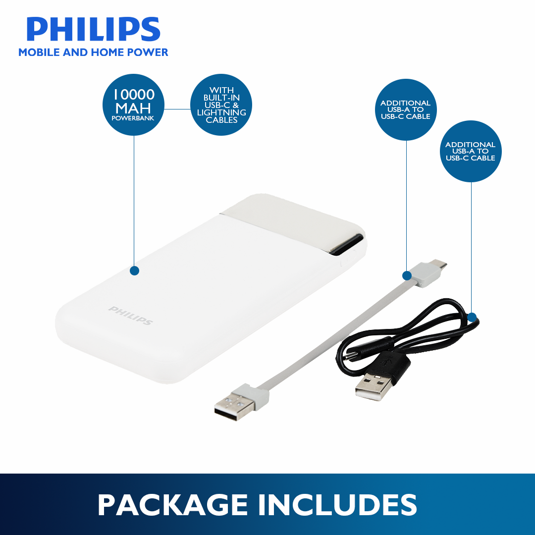 Philips White Powerbank 10000mAh 22.5W Fast Charging Built-In USB-C and Lightning Cable