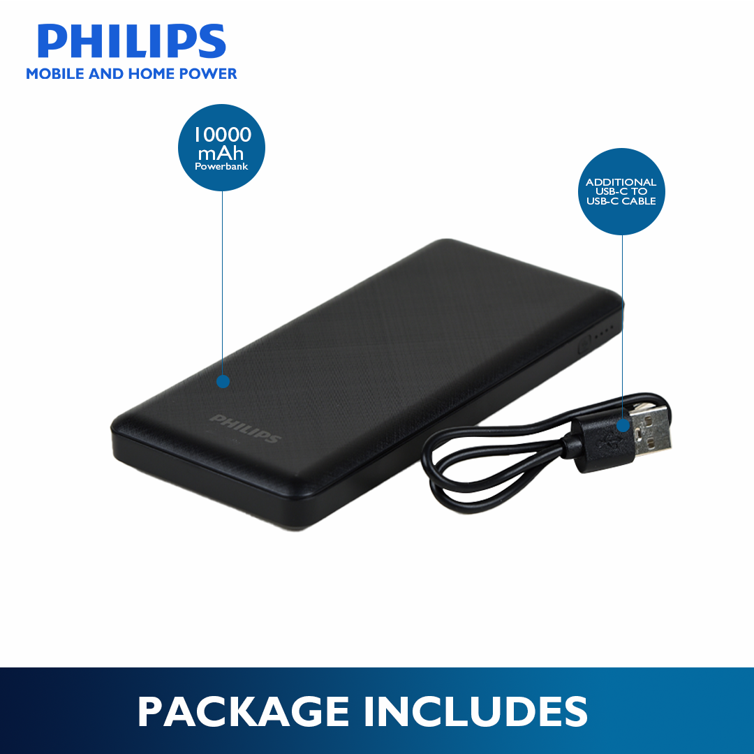 Philips Black 22.5W 10000mAh PD Fast Charger Powerbank USB-C USB-A Outputs
