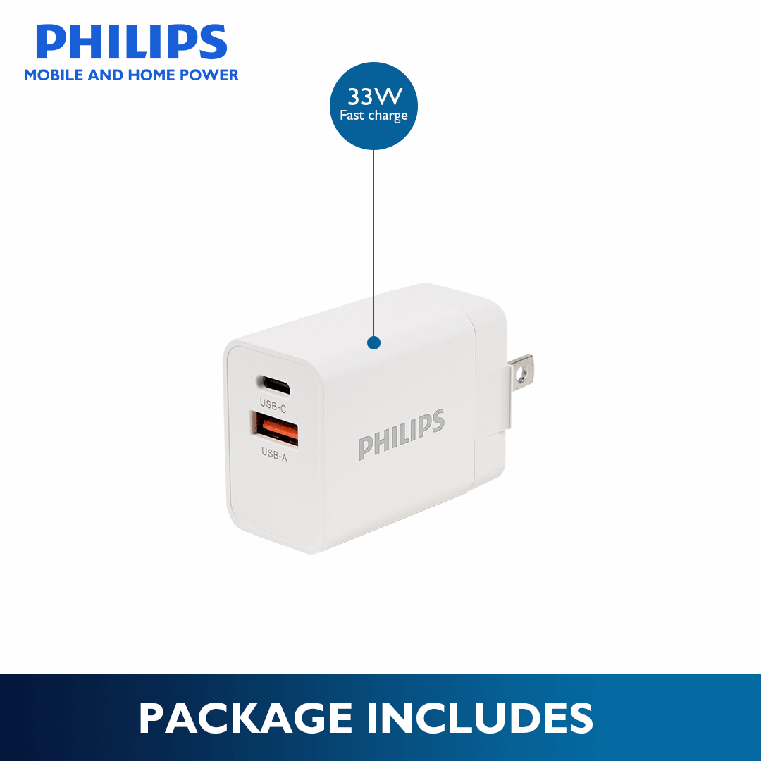 Philips 33W USB C Fast Charger 2 Port Compact Charger with Foldable Plug