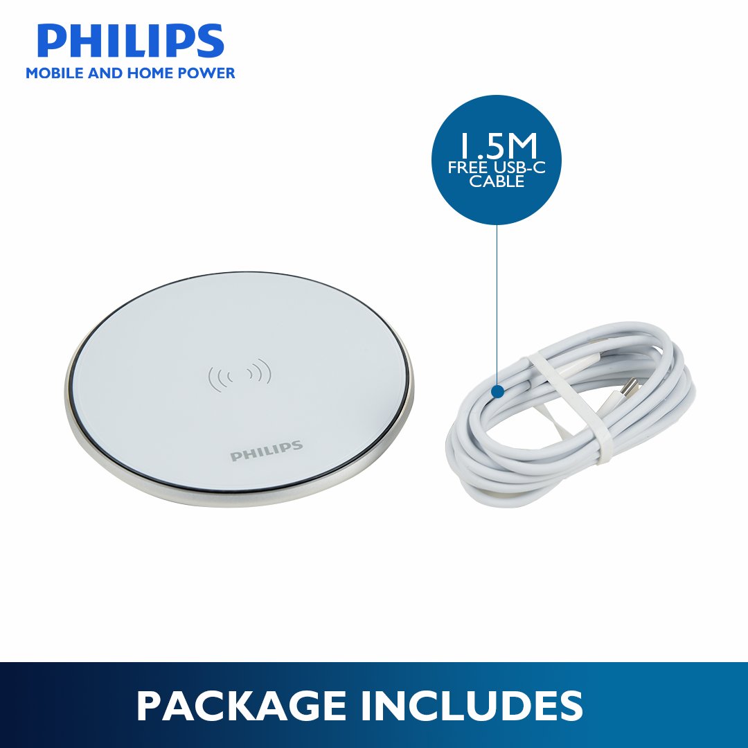 Philips 15W Fast Charging Wireless White Charger Disc with 1.5M USB-C Cable