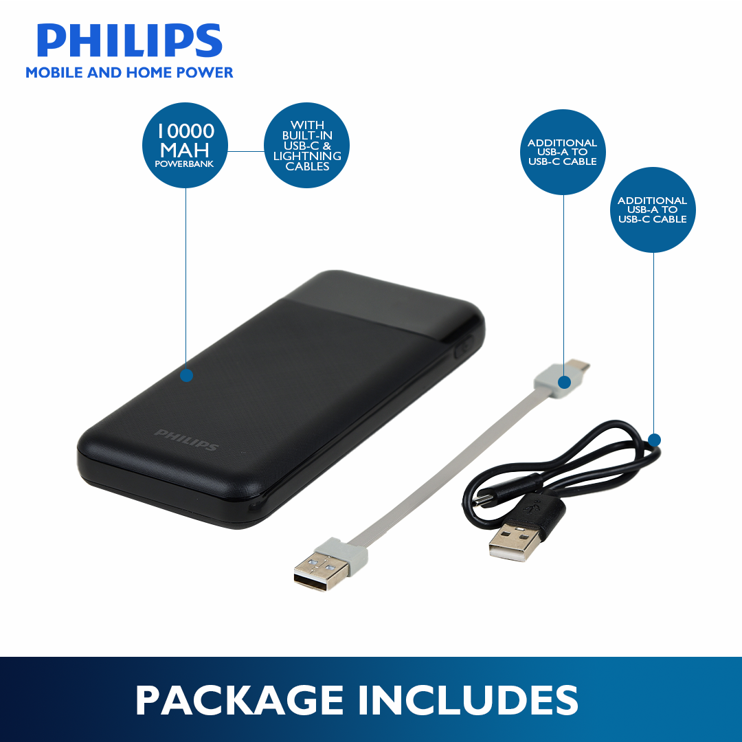 Philips Black Powerbank 10000mAh 22.5W Fast Charging Built-In USB-C and Lightning Cable
