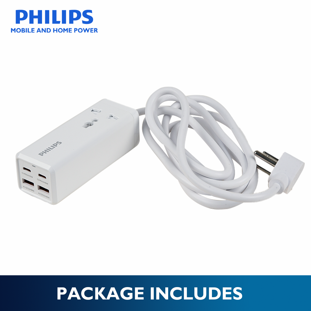 Philips PD 65W 2Meter with 2 Charger Type C USB-C and 2USB-A Universal Heavy Duty Extension Power Strips Socket