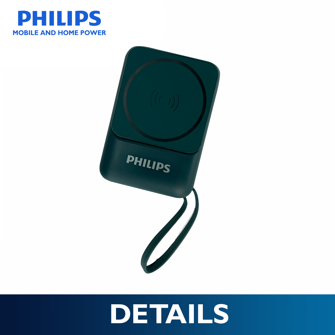 Philips 10,000mAh Magnetic Wireless Power Bank 22.5W with Built-in USB-C & Lightning Cables - Crystal Teal