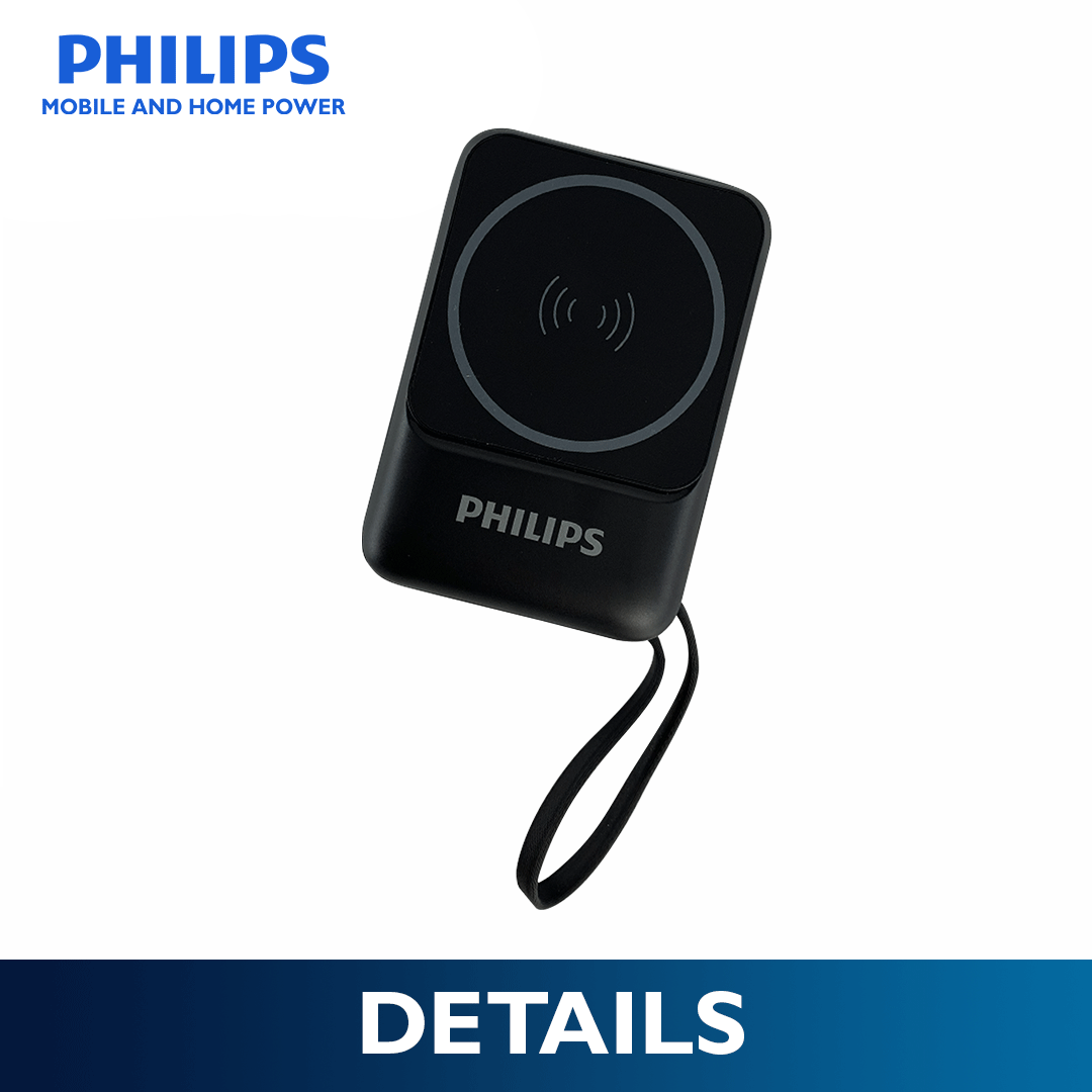Philips 10,000mAh Magnetic Wireless Power Bank 22.5W with Built-in USB-C & Lightning Cables - Darkslate