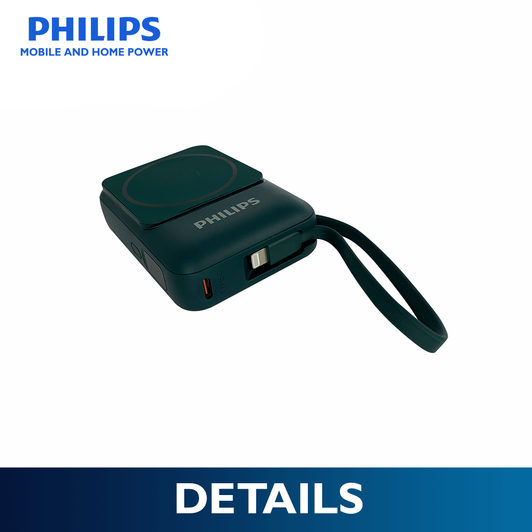 Philips 10,000mAh Magnetic Wireless Power Bank 22.5W with Built-in USB-C & Lightning Cables - Crystal Teal