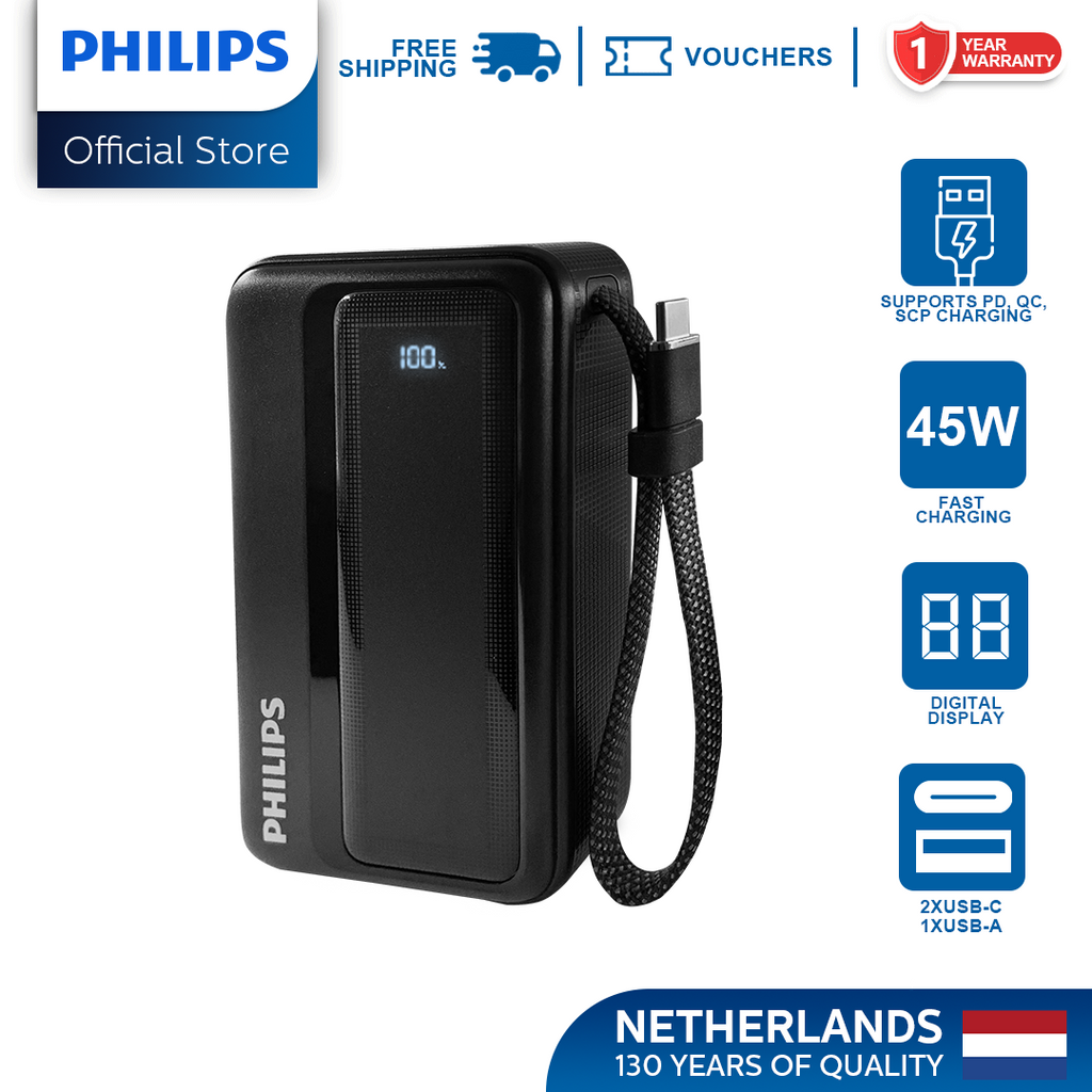 Philips 20000mAh Power Bank 45W Fast Charging PD QC3.0 Fast Charging Built-in USB-C