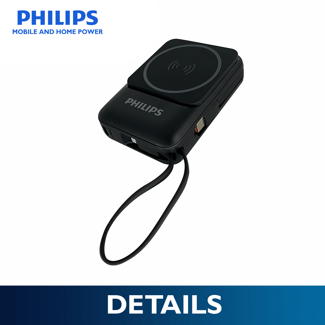 Philips 10,000mAh Magnetic Wireless Power Bank 22.5W with Built-in USB-C & Lightning Cables - Darkslate