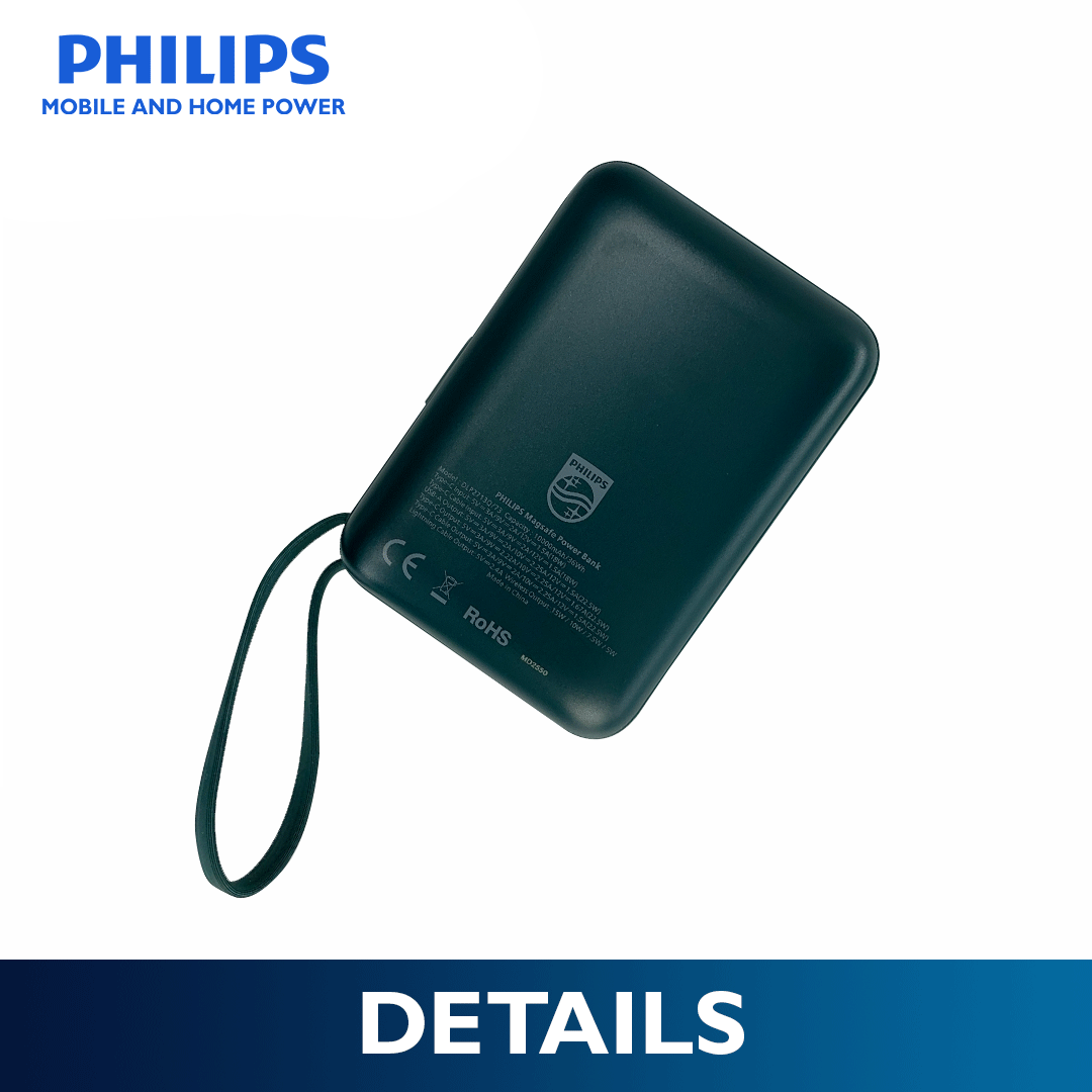 Philips 10,000mAh Magnetic Wireless Power Bank 22.5W with Built-in USB-C & Lightning Cables - Crystal Teal