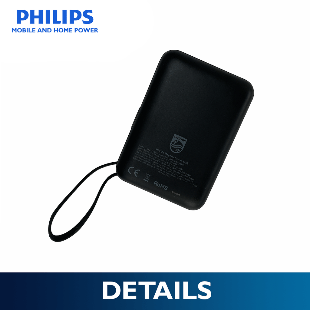 Philips 10,000mAh Magnetic Wireless Power Bank 22.5W with Built-in USB-C & Lightning Cables - Darkslate
