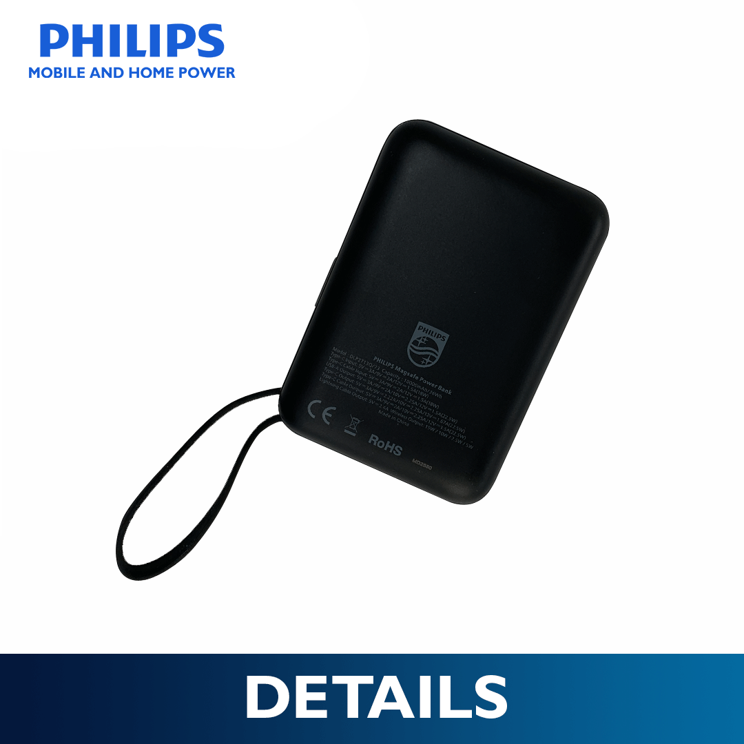 Philips 10,000mAh Magnetic Wireless Power Bank 22.5W with Built-in USB-C & Lightning Cables - Darkslate