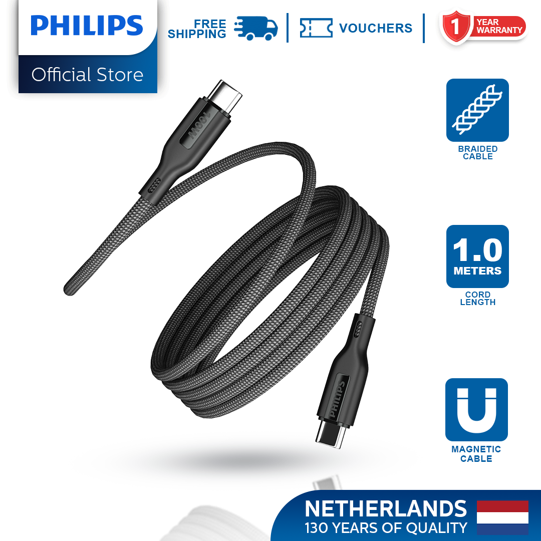 Philips Black PD 100W 1m USB-C to USB-C Magnetic Nylon Braided Cable Fast Charging Cord