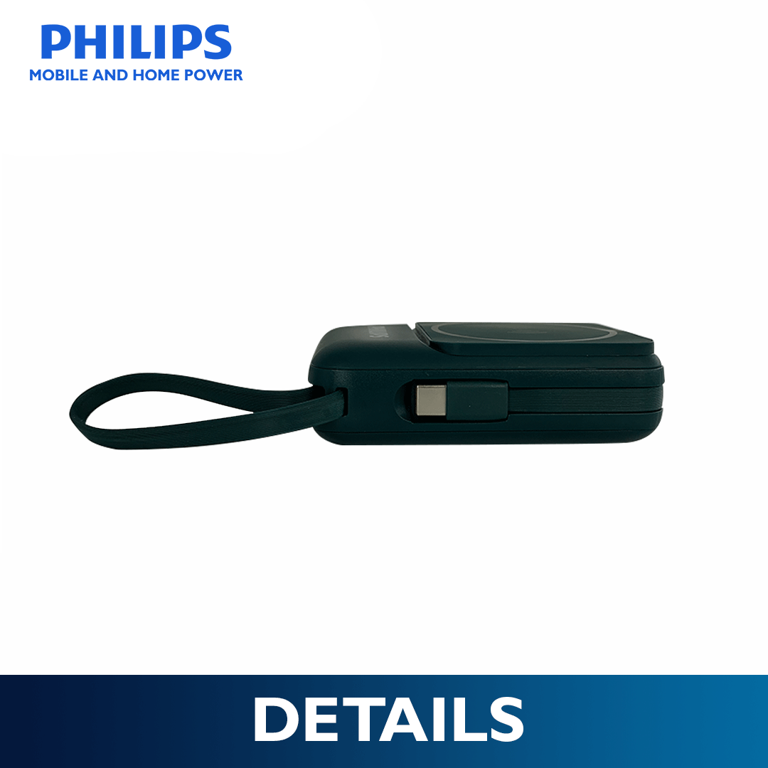 Philips 10,000mAh Magnetic Wireless Power Bank 22.5W with Built-in USB-C & Lightning Cables - Crystal Teal