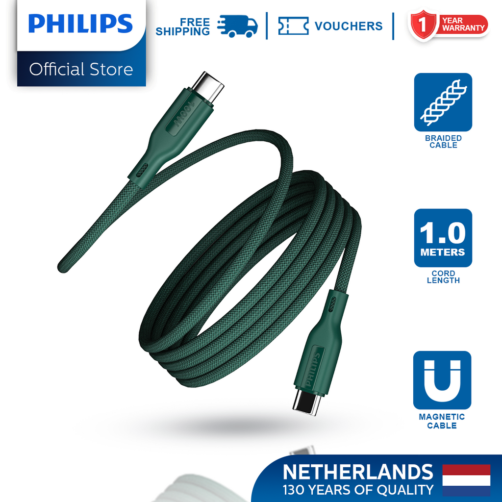 Philips Teal PD 100W 1m USB-C to USB-C Magnetic Nylon Braided Cable Fast Charging Cord