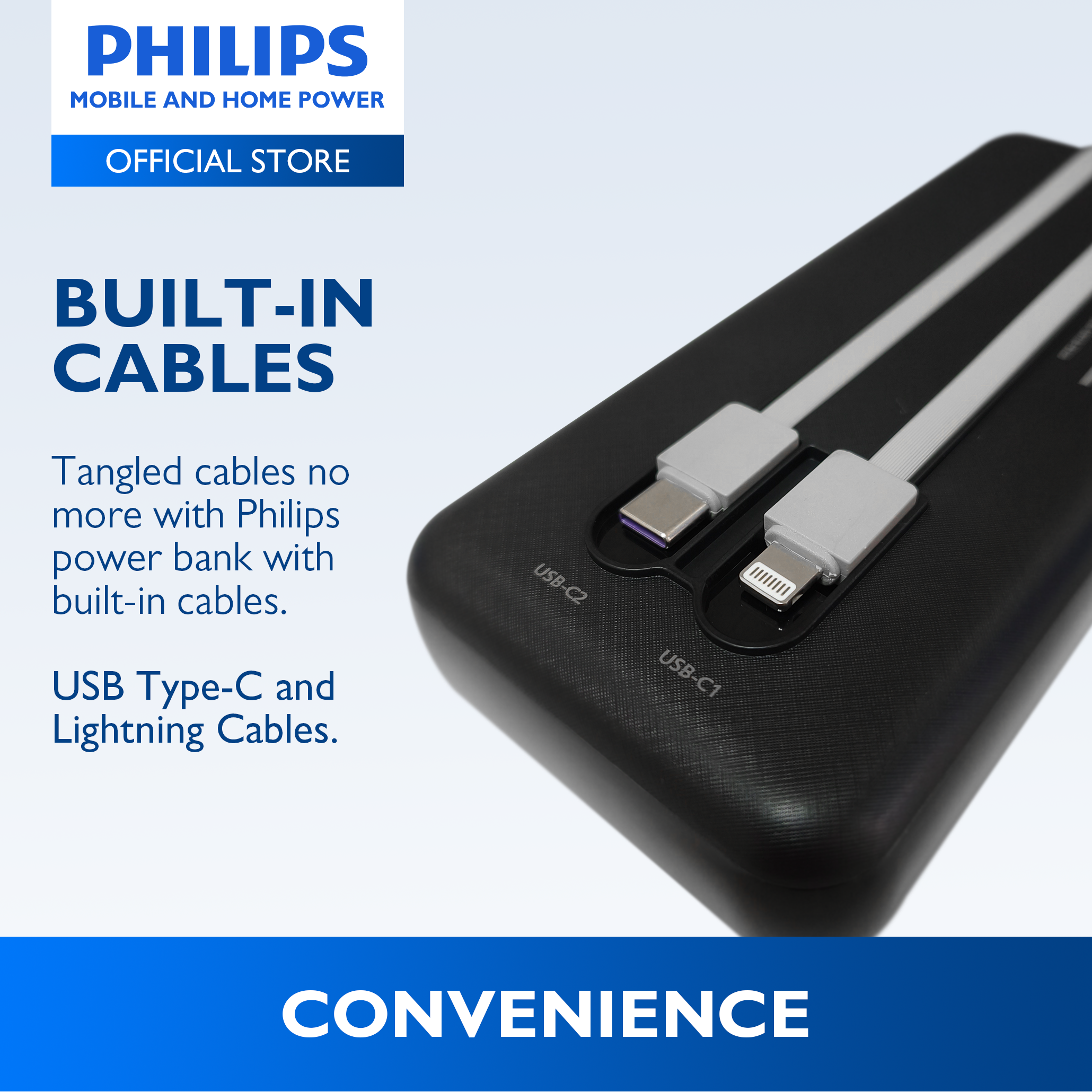 Philips White Powerbank 20000mAh 20W Fast Charging Built-In USB-C and Lightning Cable With LED Indicator With Digital Display