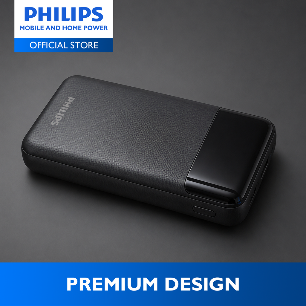 Philips White Powerbank 20000mAh 20W Fast Charging Built-In USB-C and Lightning Cable With LED Indicator With Digital Display