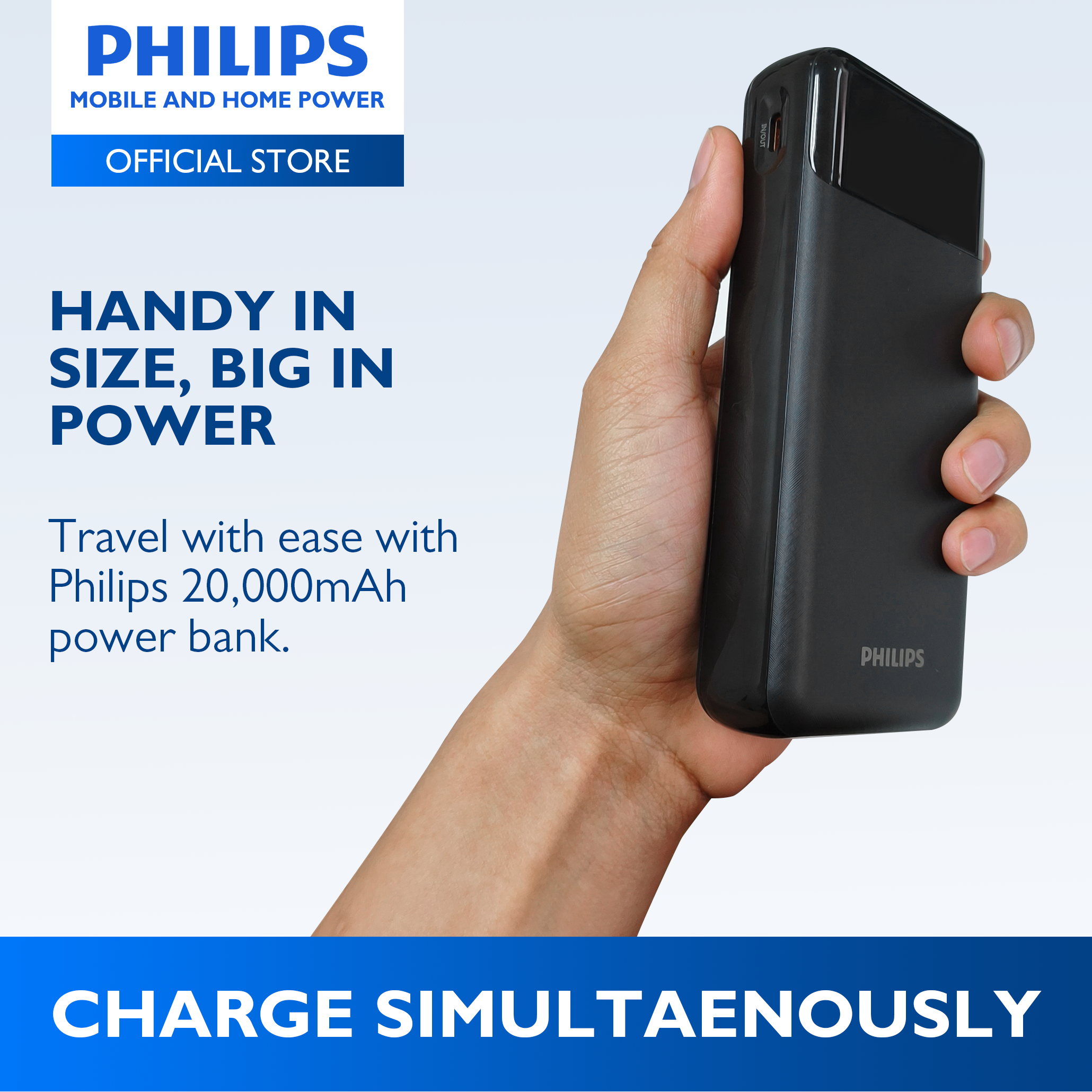 Philips White Powerbank 20000mAh 20W Fast Charging Built-In USB-C and Lightning Cable With LED Indicator With Digital Display