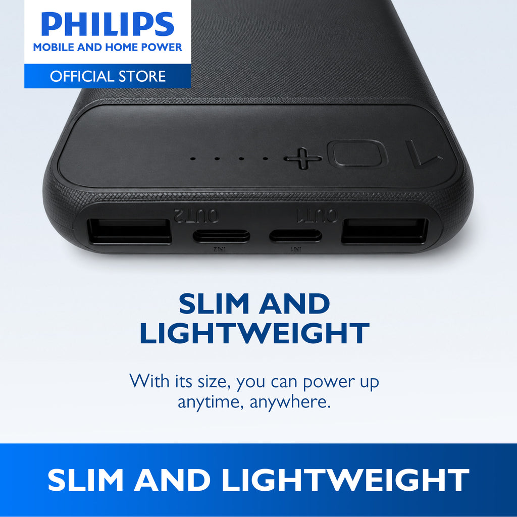 PHILIPS 10000mAh 2.1A Fast Charge Powerbank Dual USB Output USB-C & Micro USB Input Li-Polymer Battery