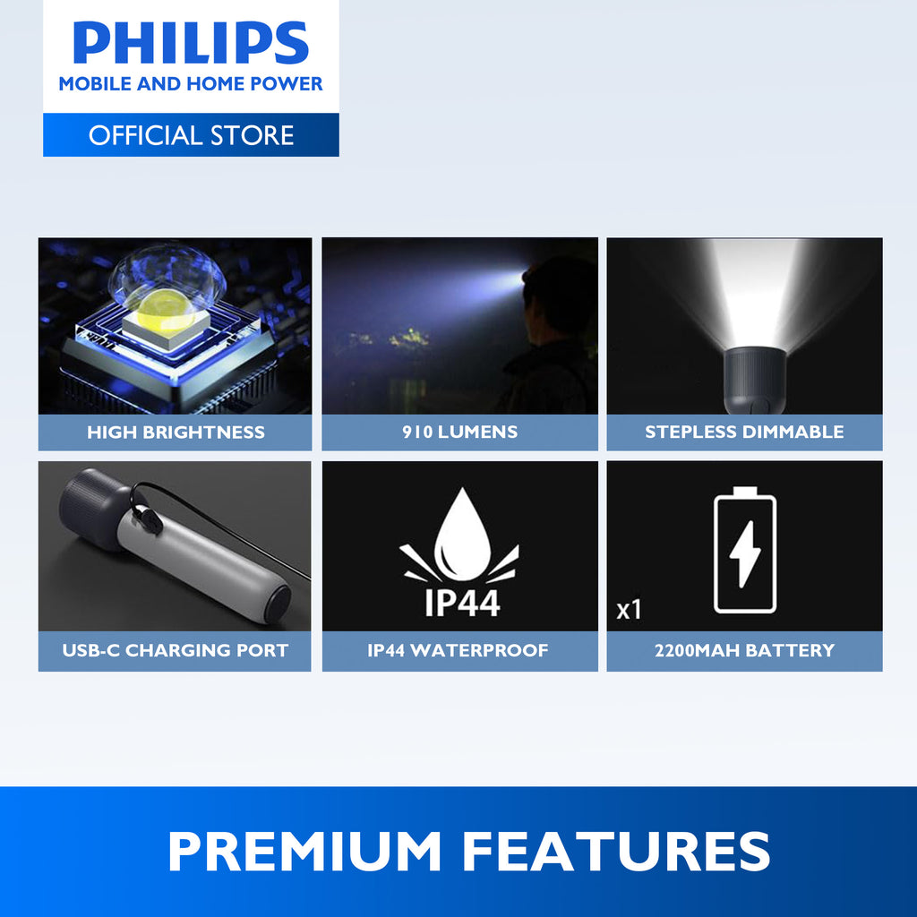 PHILIPS 3W Rechargeable LED Flashlight Torch | 400 Lumens | 150m Range Up to 12hrs Use With Full Brightness, Low Light, and Infinite Dimming