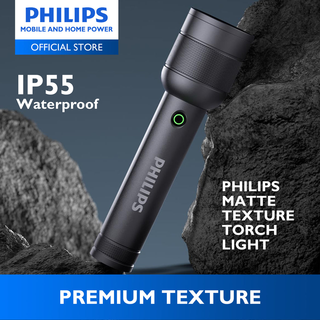 PHILIPS 10W Aluminium Alloy Rechargeable LED Flashlight | Ultra-Bright 910 Lumens | 300 m Beam Range Up to 12hrs Use With Flashing, SOS Mode, Dimming Mode