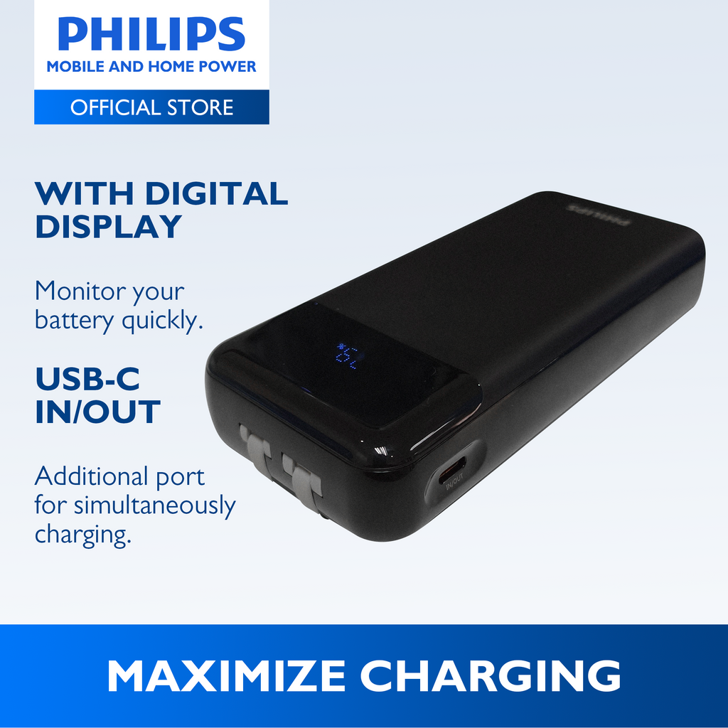 Philips White Powerbank 20000mAh 20W Fast Charging Built-In USB-C and Lightning Cable With LED Indicator With Digital Display