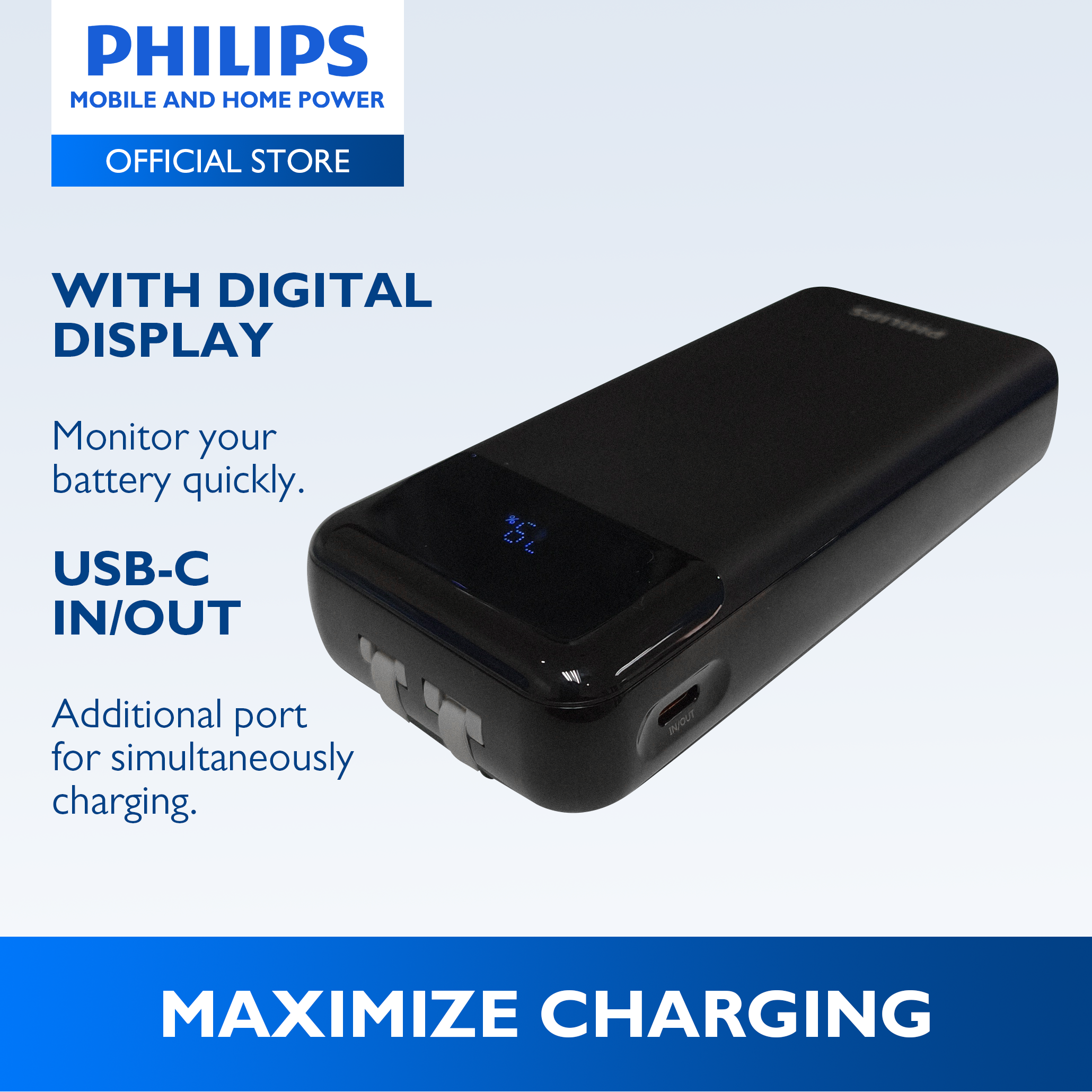 Philips White Powerbank 20000mAh 20W Fast Charging Built-In USB-C and Lightning Cable With LED Indicator With Digital Display