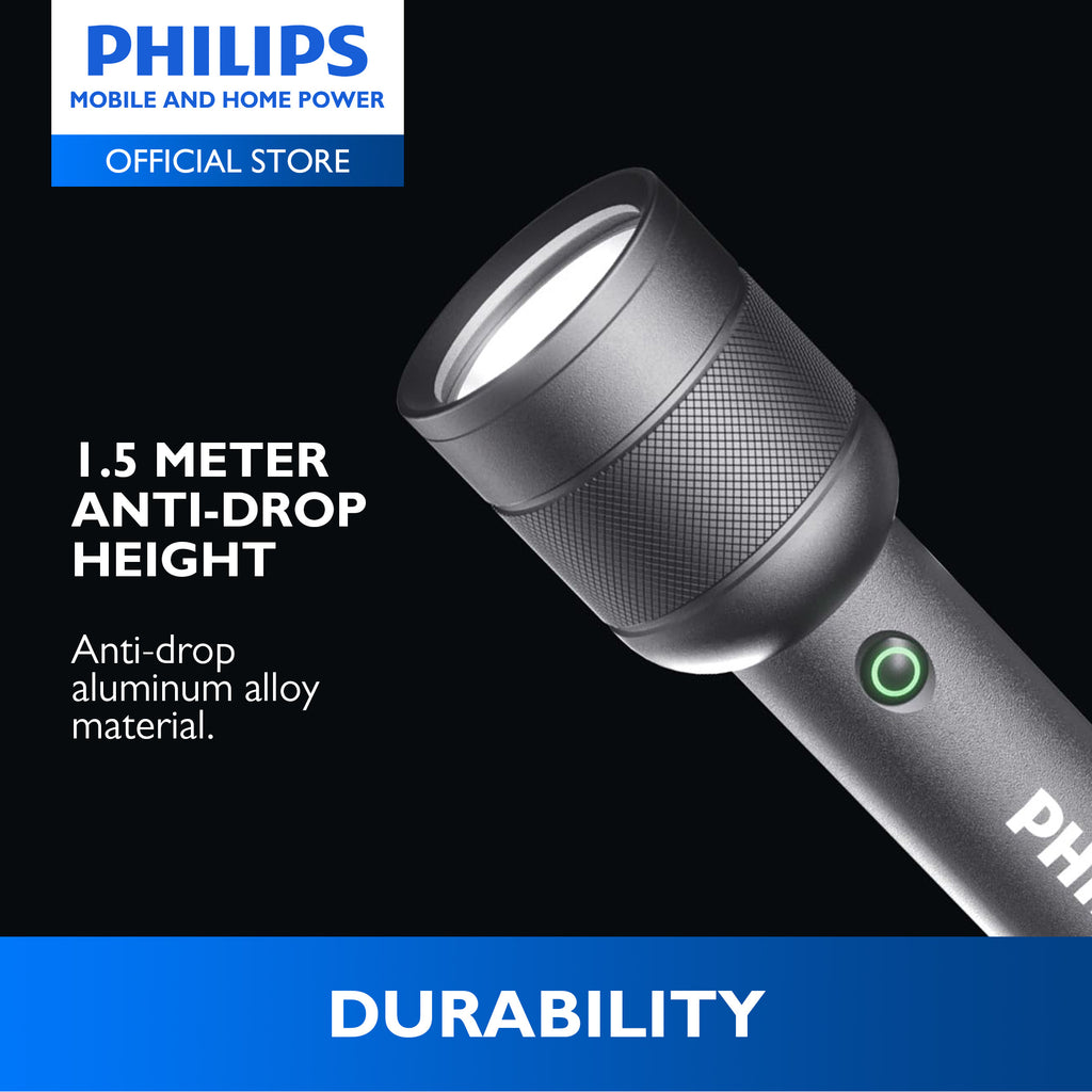 PHILIPS 10W Aluminium Alloy Rechargeable LED Flashlight | Ultra-Bright 910 Lumens | 300 m Beam Range Up to 12hrs Use With Flashing, SOS Mode, Dimming Mode