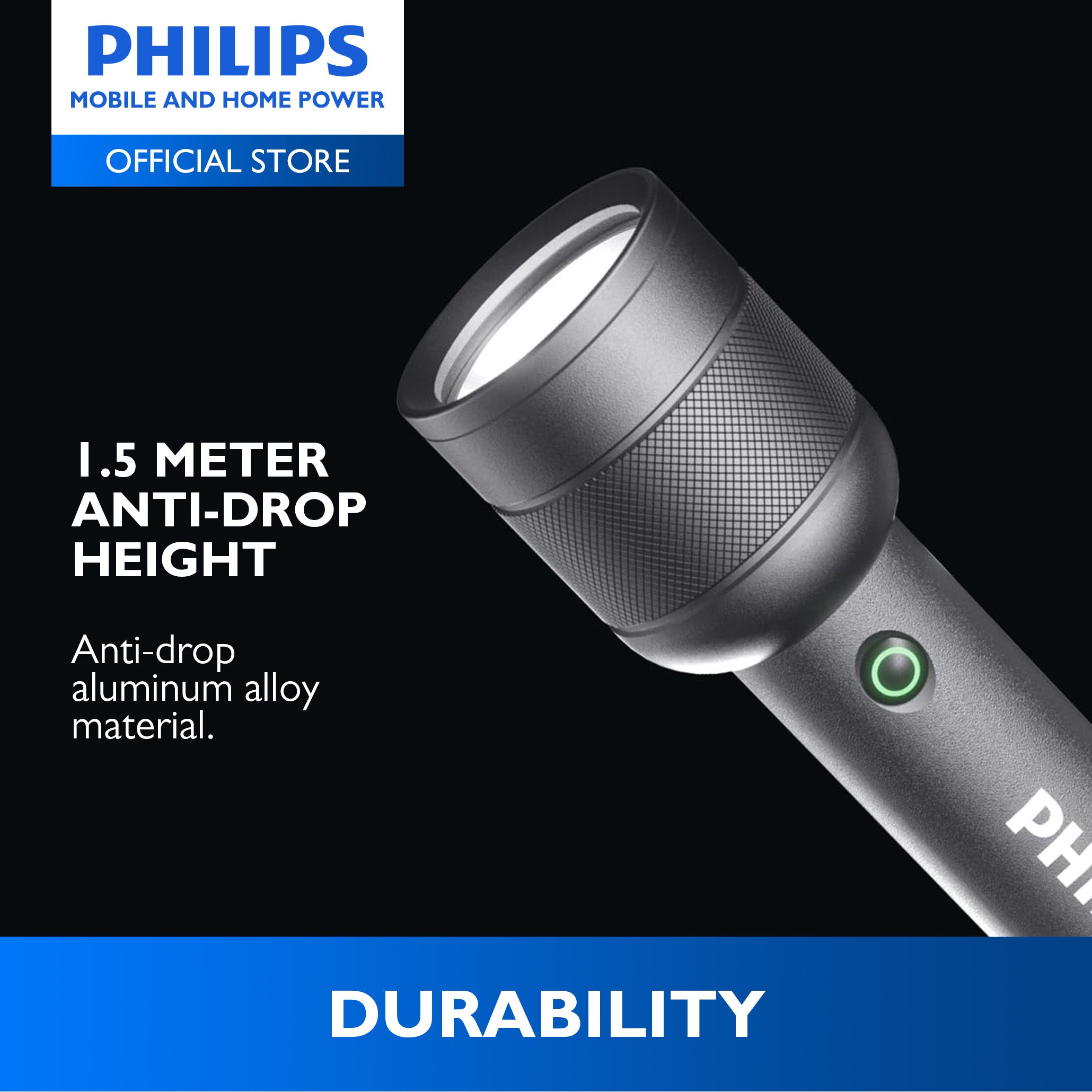PHILIPS 10W Aluminium Alloy Rechargeable LED Flashlight | Ultra-Bright 910 Lumens | 300 m Beam Range Up to 12hrs Use With Flashing, SOS Mode, Dimming Mode