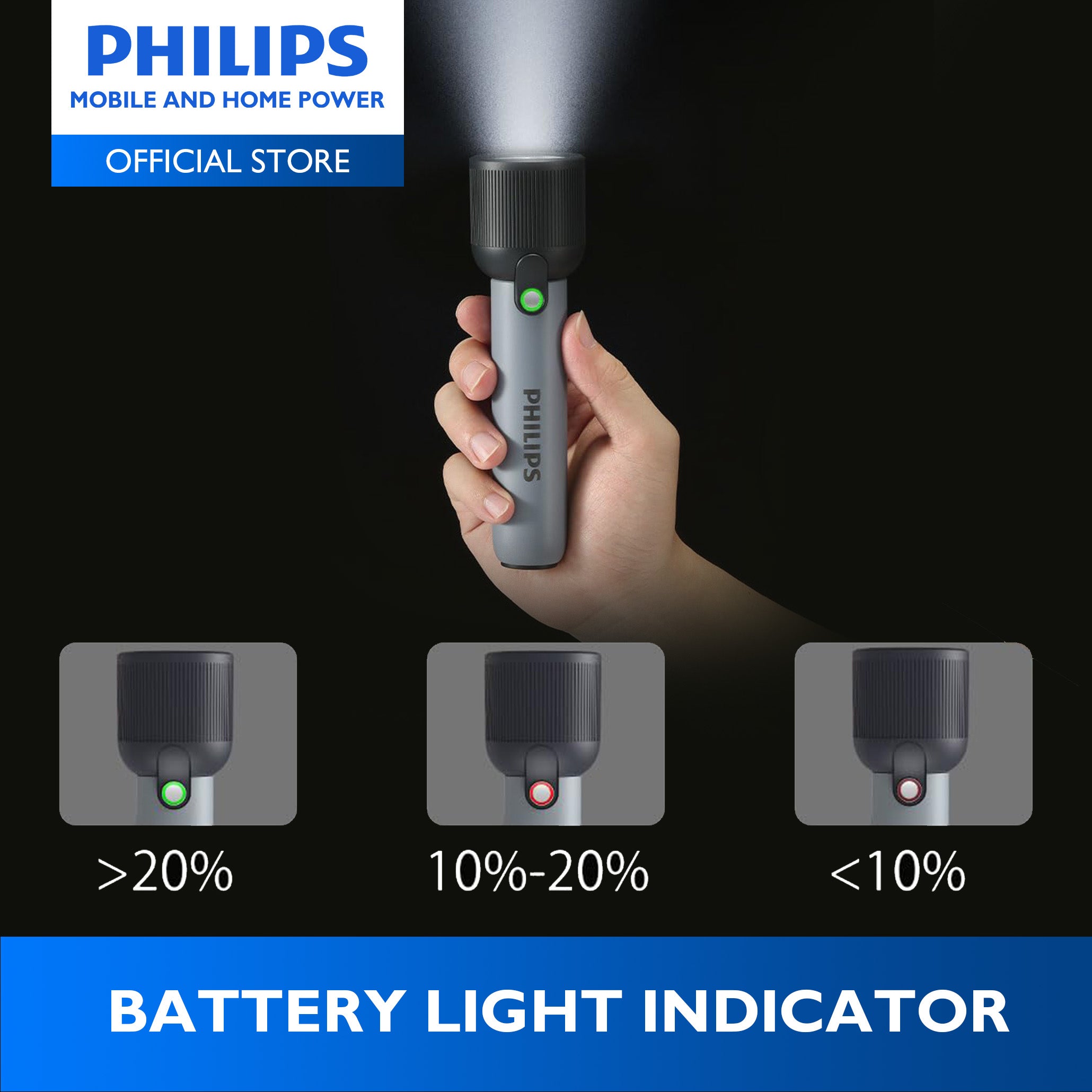 PHILIPS 3W Rechargeable LED Flashlight Torch | 400 Lumens | 150m Range Up to 12hrs Use With Full Brightness, Low Light, and Infinite Dimming