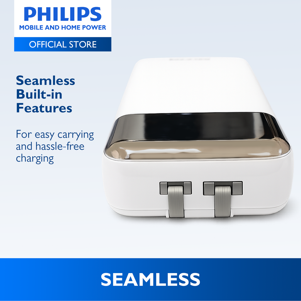 Philips White Powerbank 20000mAh 20W Fast Charging Built-In USB-C and Lightning Cable With LED Indicator With Digital Display