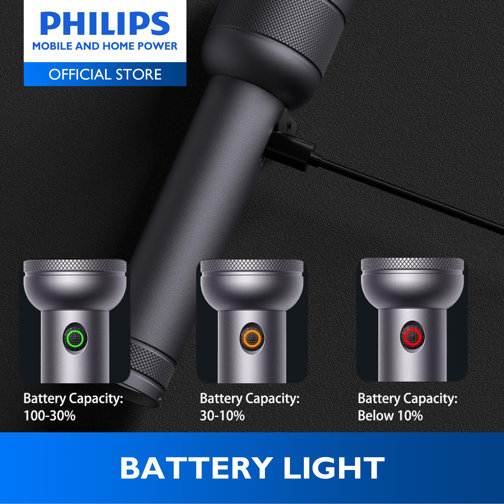 PHILIPS 10W Aluminium Alloy Rechargeable LED Flashlight | Ultra-Bright 910 Lumens | 300 m Beam Range Up to 12hrs Use With Flashing, SOS Mode, Dimming Mode