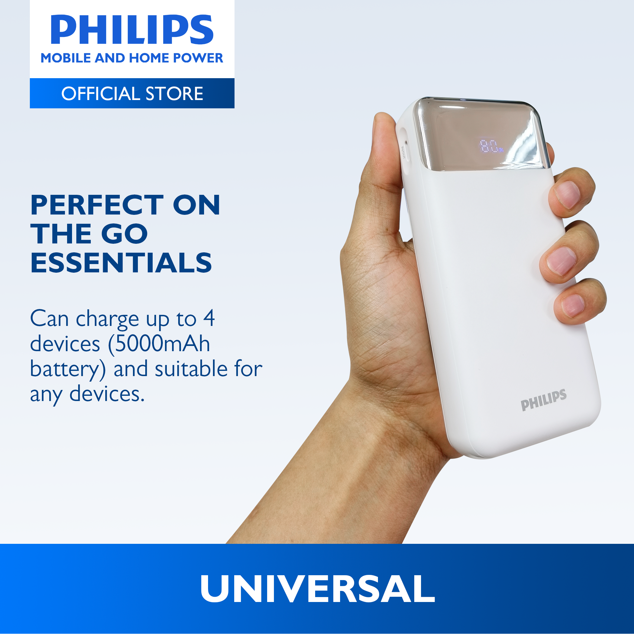 Philips White Powerbank 20000mAh 20W Fast Charging Built-In USB-C and Lightning Cable With LED Indicator With Digital Display