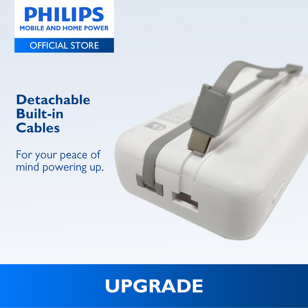 Philips White Powerbank 20000mAh 20W Fast Charging Built-In USB-C and Lightning Cable With LED Indicator With Digital Display