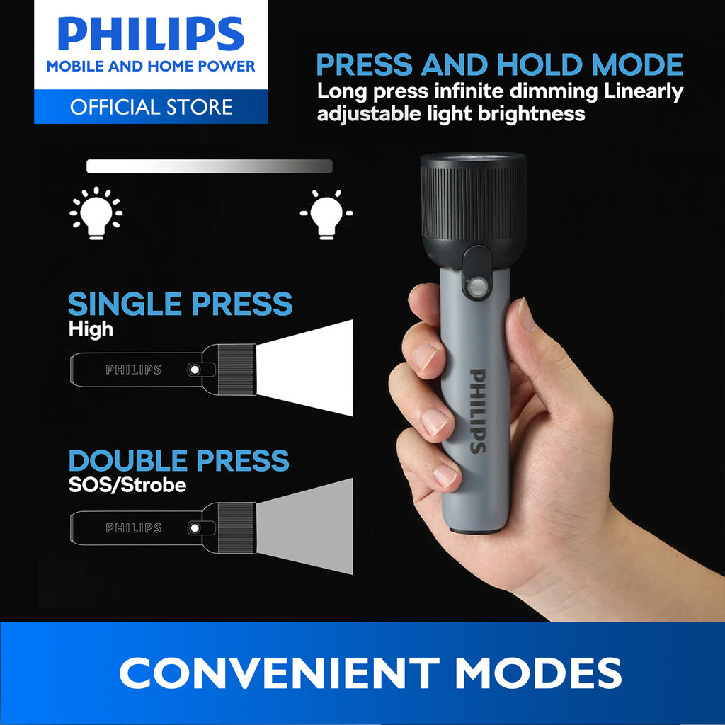 PHILIPS 3W Rechargeable LED Flashlight Torch | 400 Lumens | 150m Range Up to 12hrs Use With Full Brightness, Low Light, and Infinite Dimming