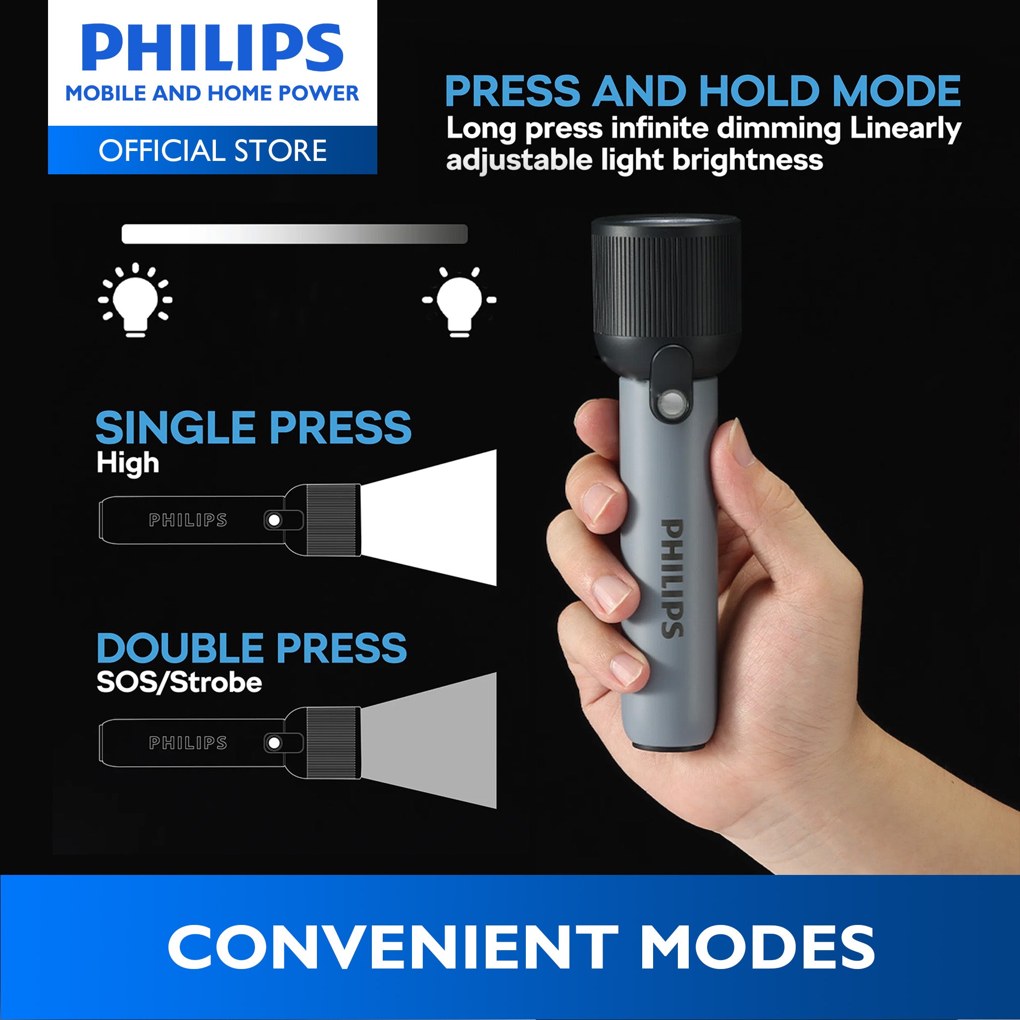 PHILIPS 3W Rechargeable LED Flashlight Torch | 400 Lumens | 150m Range Up to 12hrs Use With Full Brightness, Low Light, and Infinite Dimming