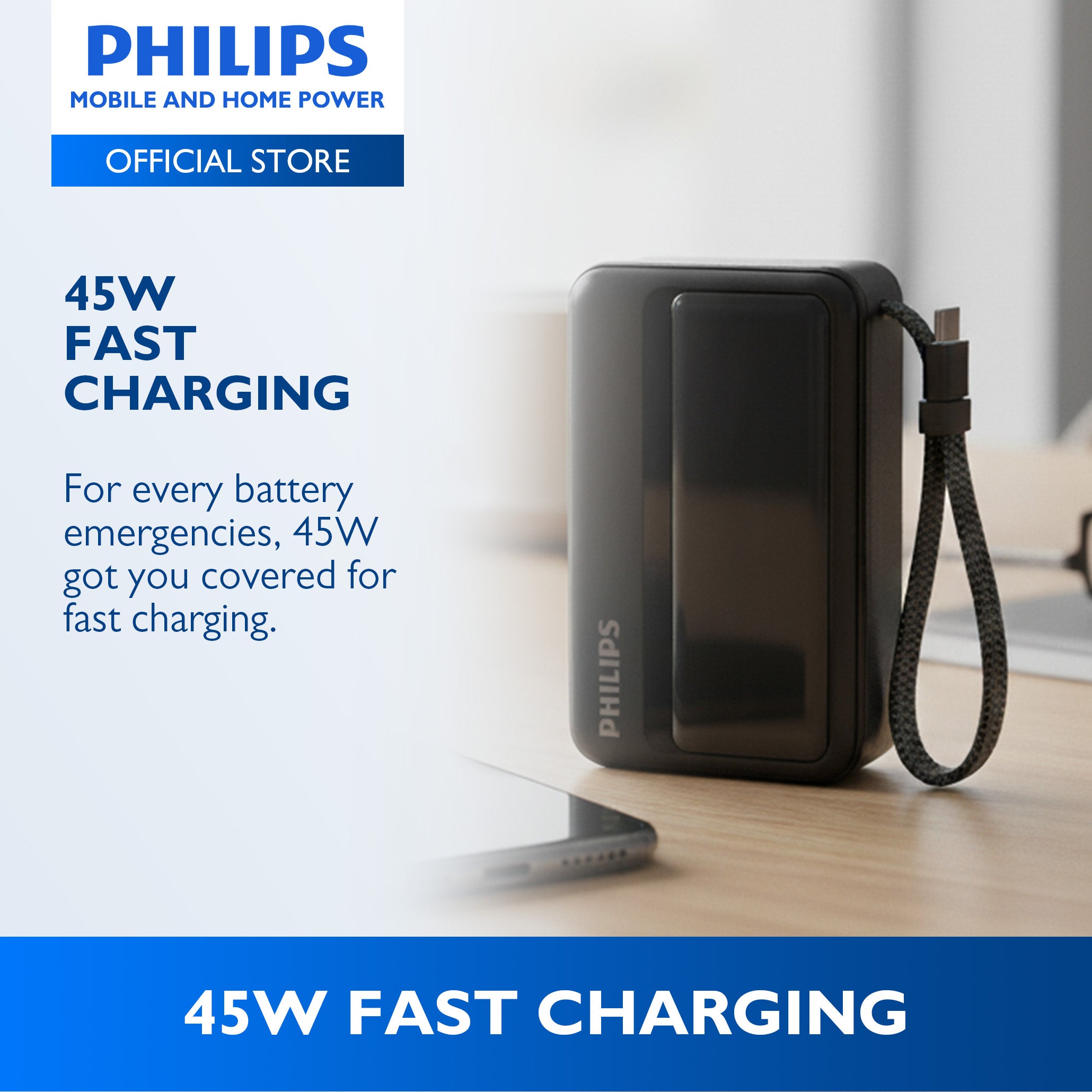 Philips 20000mAh Power Bank 45W Fast Charging PD QC3.0 Fast Charging Built-in USB-C