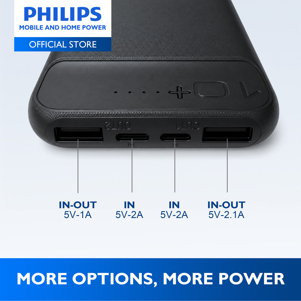 PHILIPS 10000mAh 2.1A Fast Charge Powerbank Dual USB Output USB-C & Micro USB Input Li-Polymer Battery
