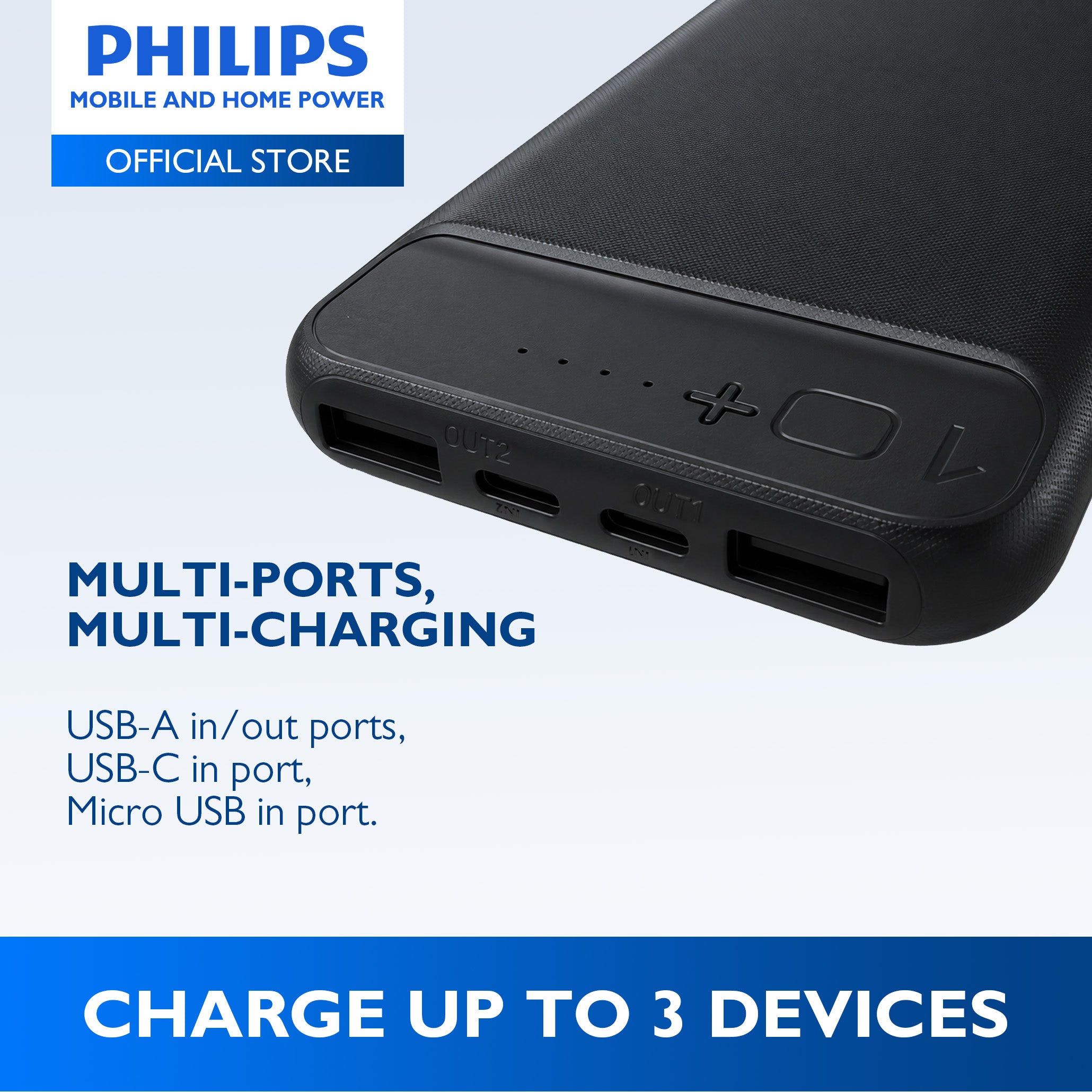 PHILIPS 10000mAh 2.1A Fast Charge Powerbank Dual USB Output USB-C & Micro USB Input Li-Polymer Battery
