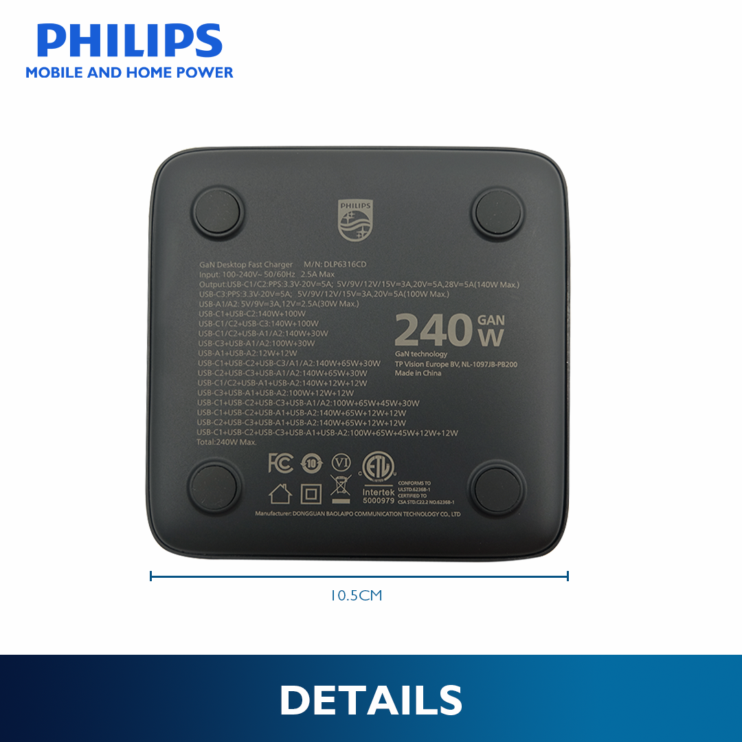 Philips Ultra Fast 240W 5-Port GaN USB Desktop Charger with Digital Display 3 USB-C and 2 USB-A port